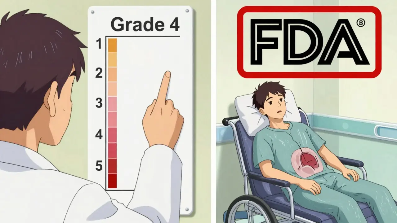 Escena dividida: médico explica escala de severidad a un paciente mientras otro es hospitalizado por infección leve, destacando la diferencia entre severidad y gravedad según la FDA.