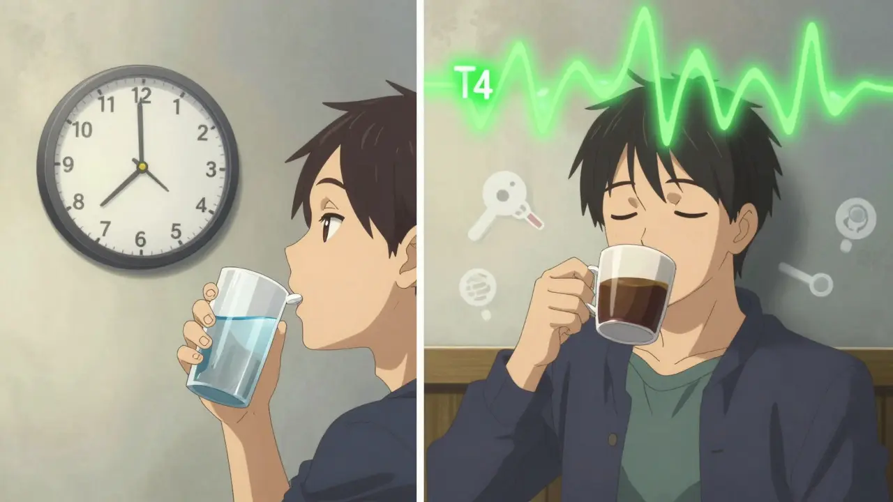 Escena dividida: persona esperando 60 minutos tras tomar la pastilla, luego disfrutando su café con alivio.