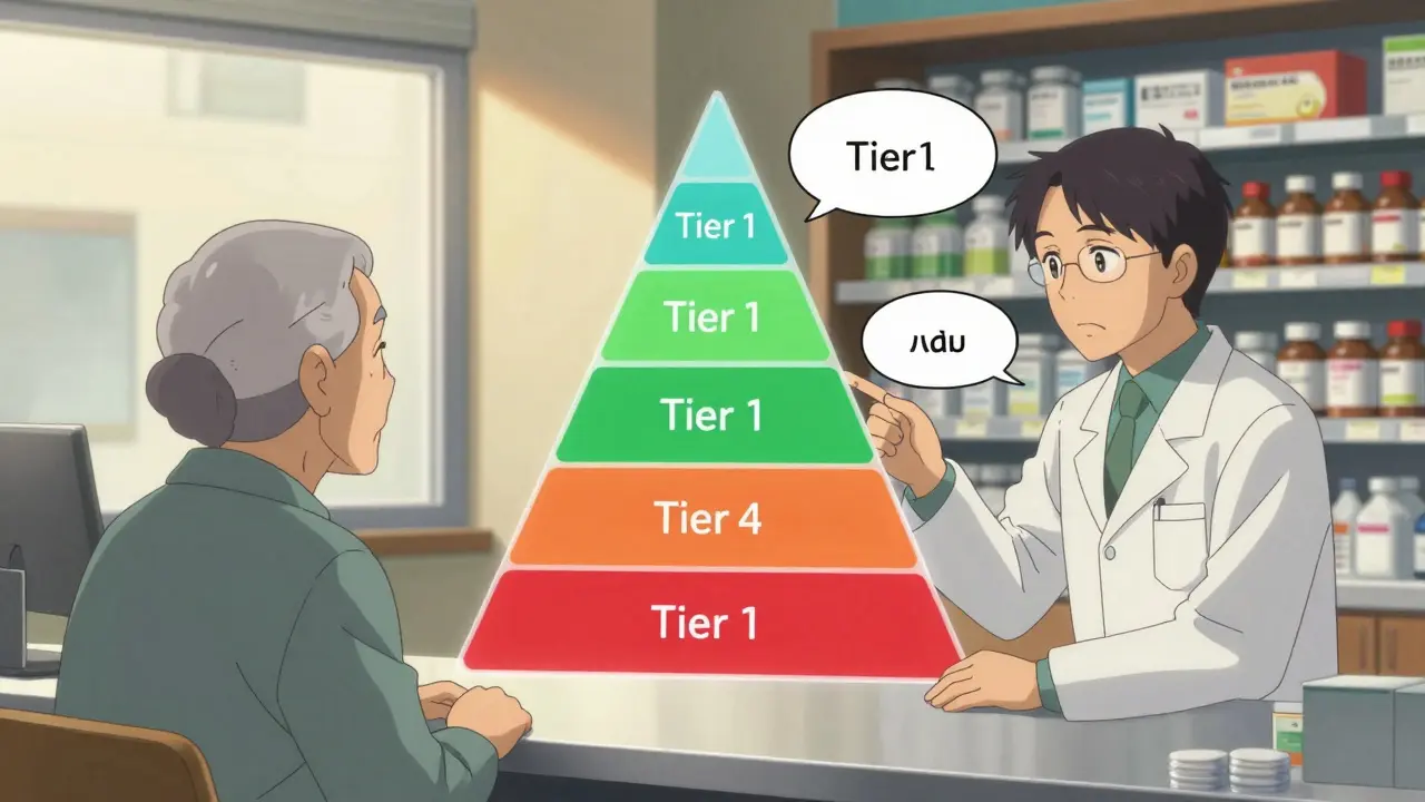 Farmacéutico explica a un paciente las diferencias de costo entre medicamentos genéricos y de marca.