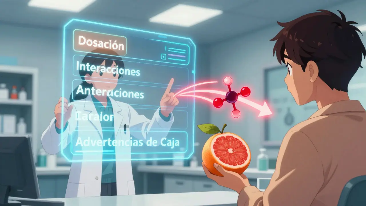 Farmacéutico explica una etiqueta digital de medicamento mientras un paciente sostiene una toronja.