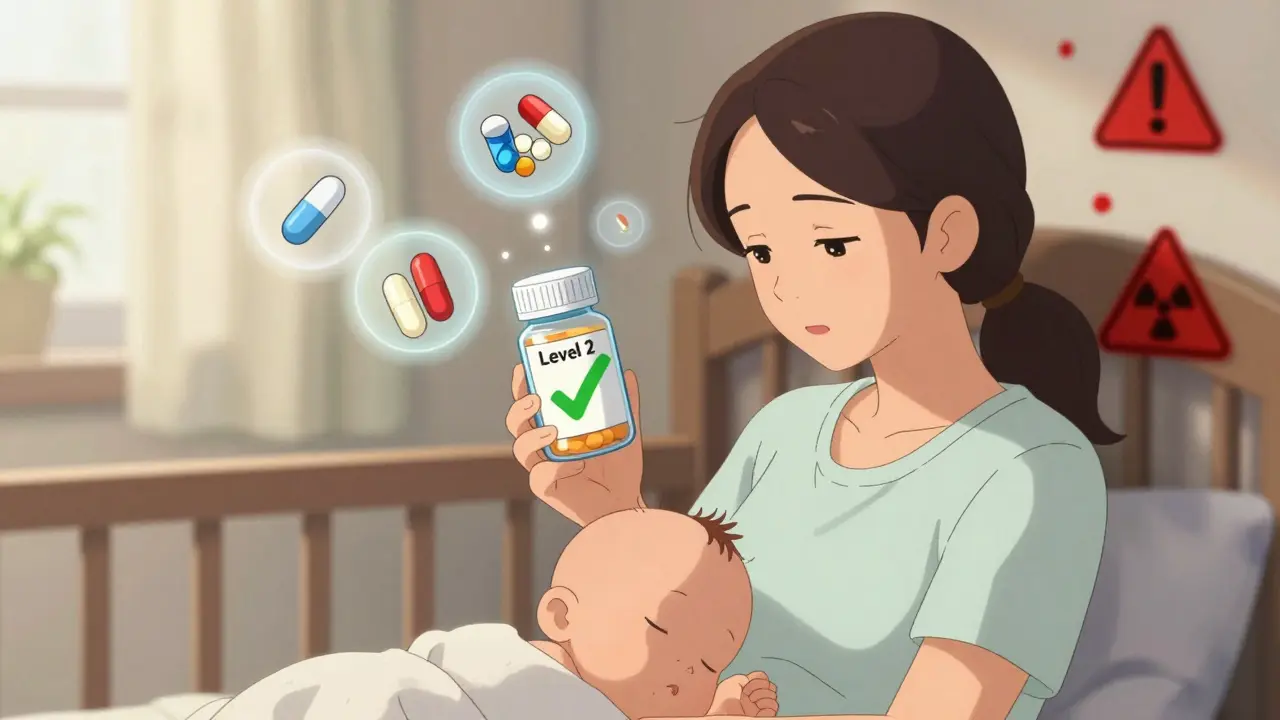 Madre segura con medicamentos seguros para la lactancia, símbolos de riesgo desvaneciéndose.