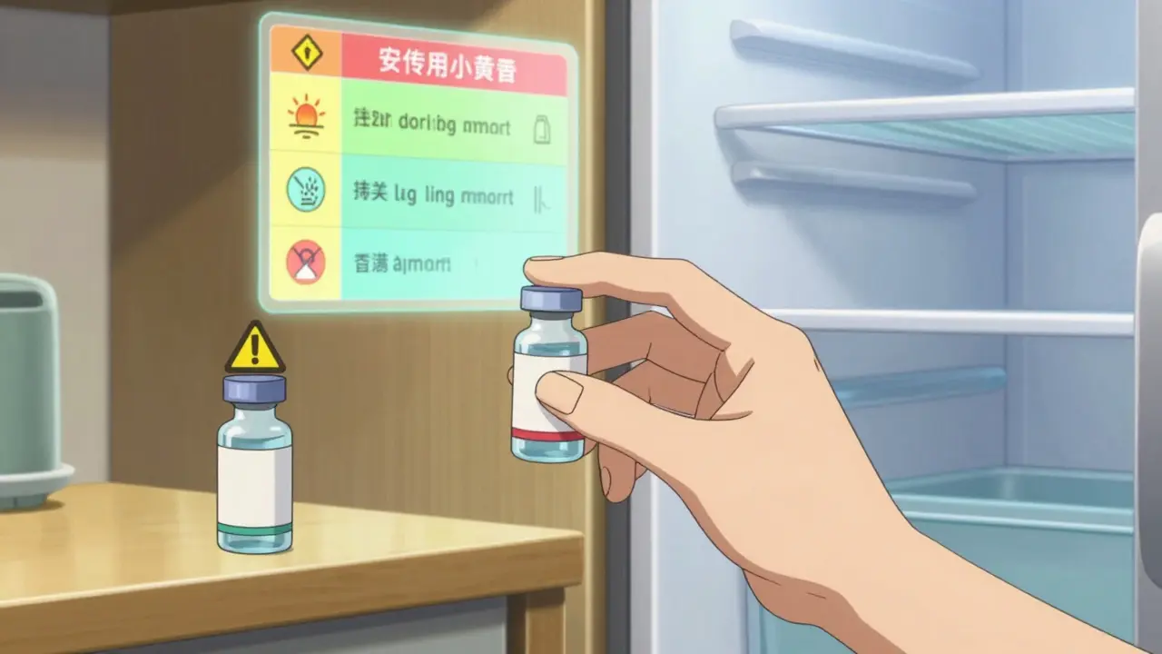 Mano coloca un antibiótico líquido en el refrigerador mientras otro frasco queda fuera con advertencia.