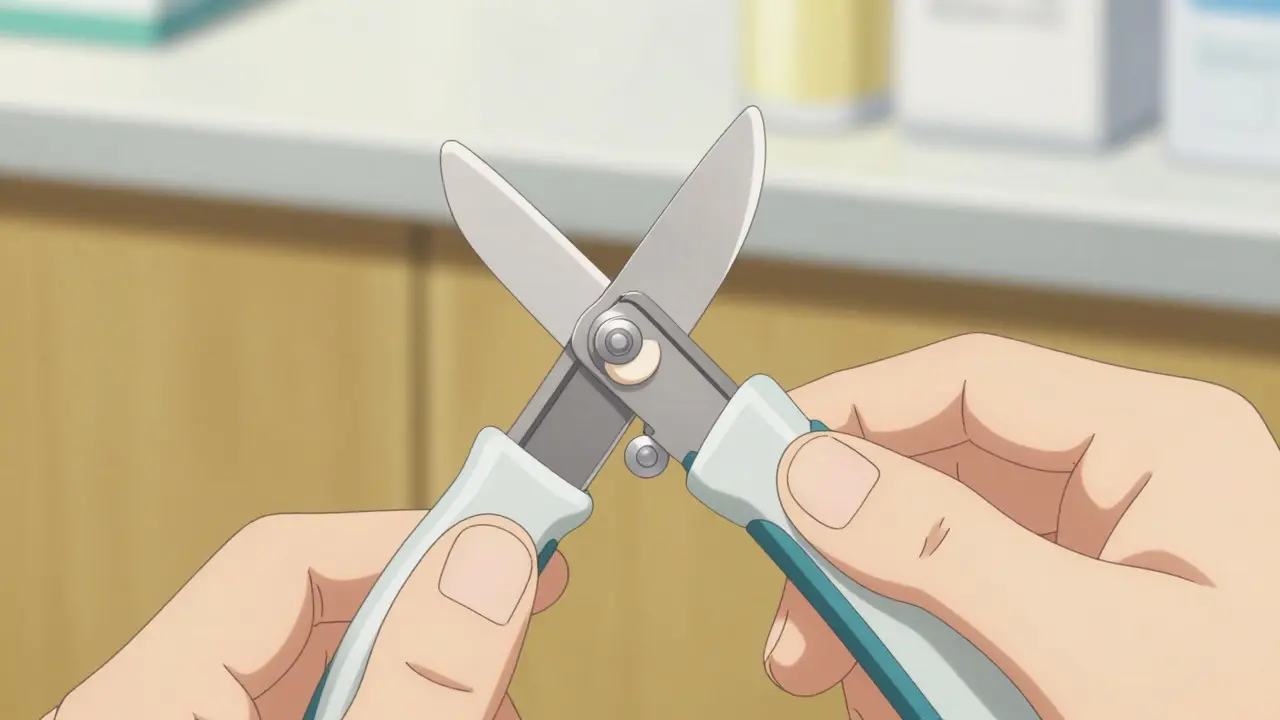 Manos usando dispositivo especializado para dividir pastillas.