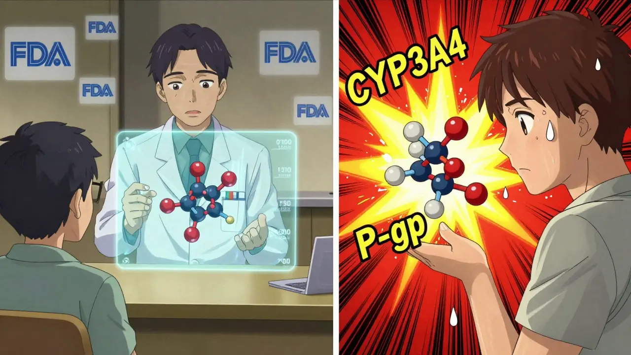 Médico explica la estructura molecular de un medicamento mientras advertencias estallan en el aire.