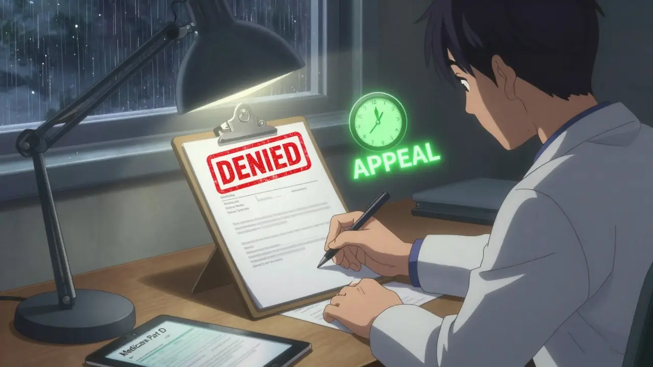 Médico solicita una excepción para un medicamento rechazado por el seguro, con reloj y documento en el escritorio.