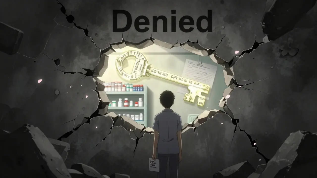 Paciente abre una pared de negaciones con una llave de códigos médicos y luz solar.