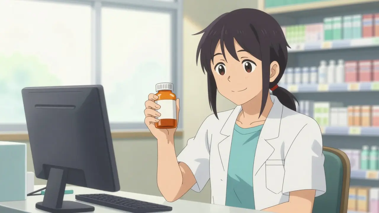 Paciente con medicamento genérico en farmacia.