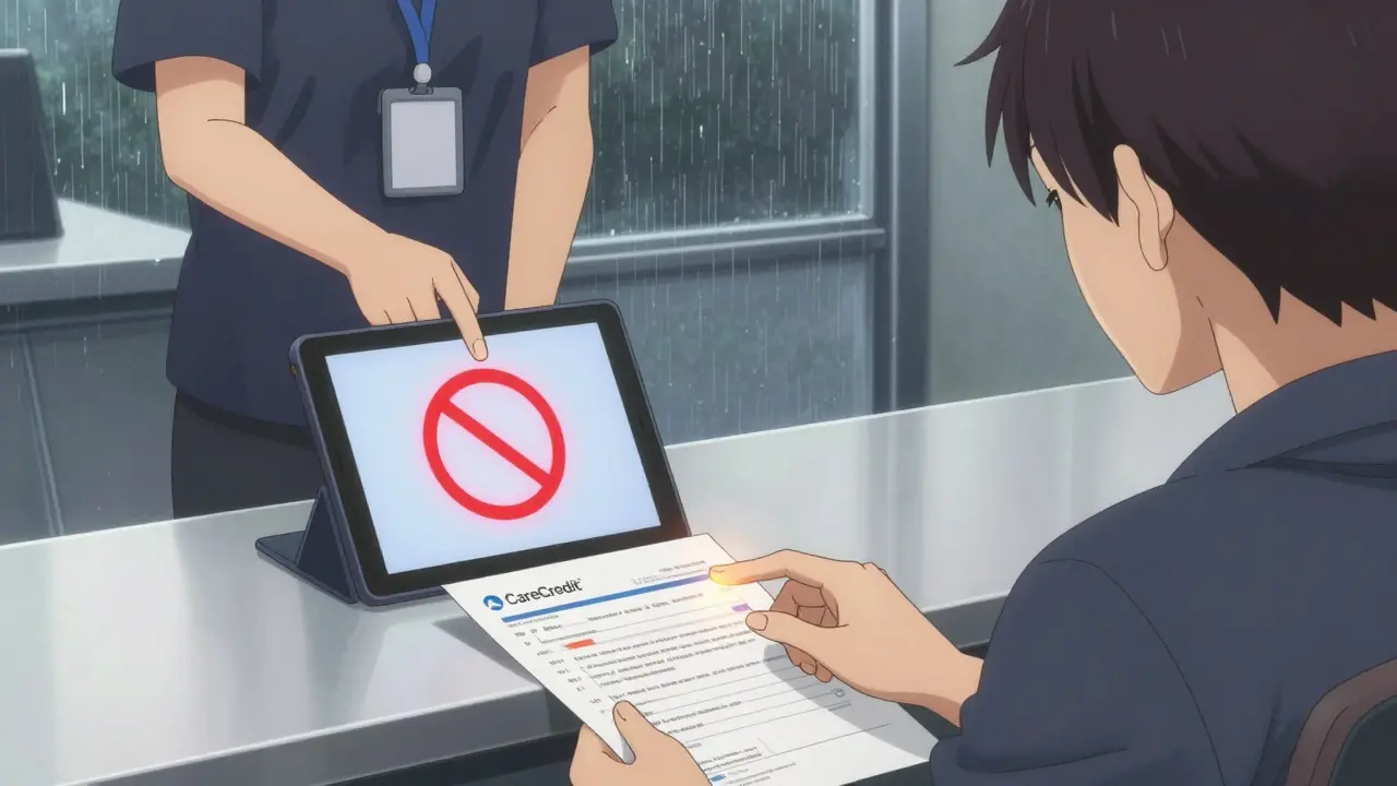 Paciente llenando solo un formulario de financiamiento médico mientras el personal se mantiene a distancia, respetando su autonomía.