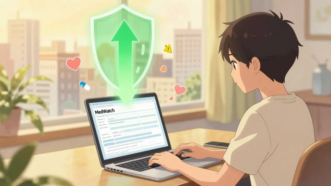 Paciente reporta efecto adverso por MedWatch; flechas verdes forman un escudo protector sobre una ciudad, simbolizando el impacto de los reportes de pacientes.