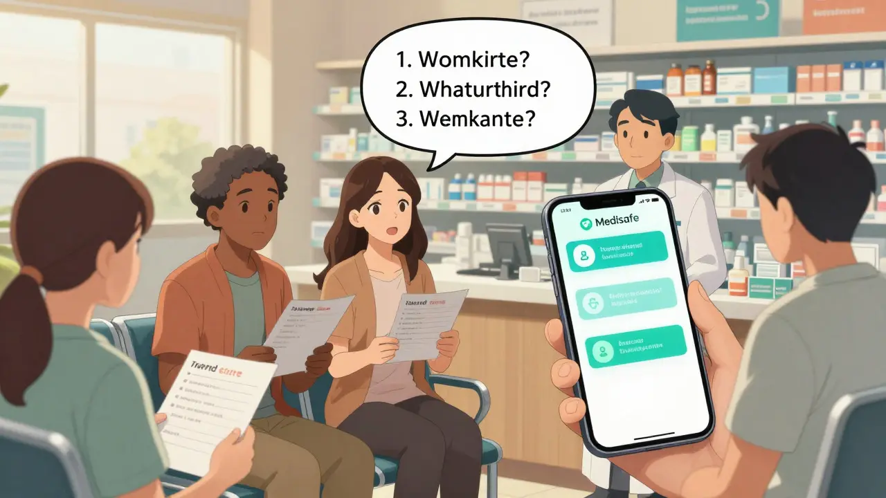 Pacientes en farmacia sostienen listas de medicamentos mientras uno pregunta al farmacéutico con notificaciones digitales.