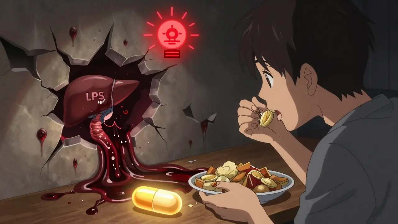 Pared intestinal agrietada que libera toxinas, con receptores de insulina bloqueados, mientras una cápsula probiótica brilla como esperanza.