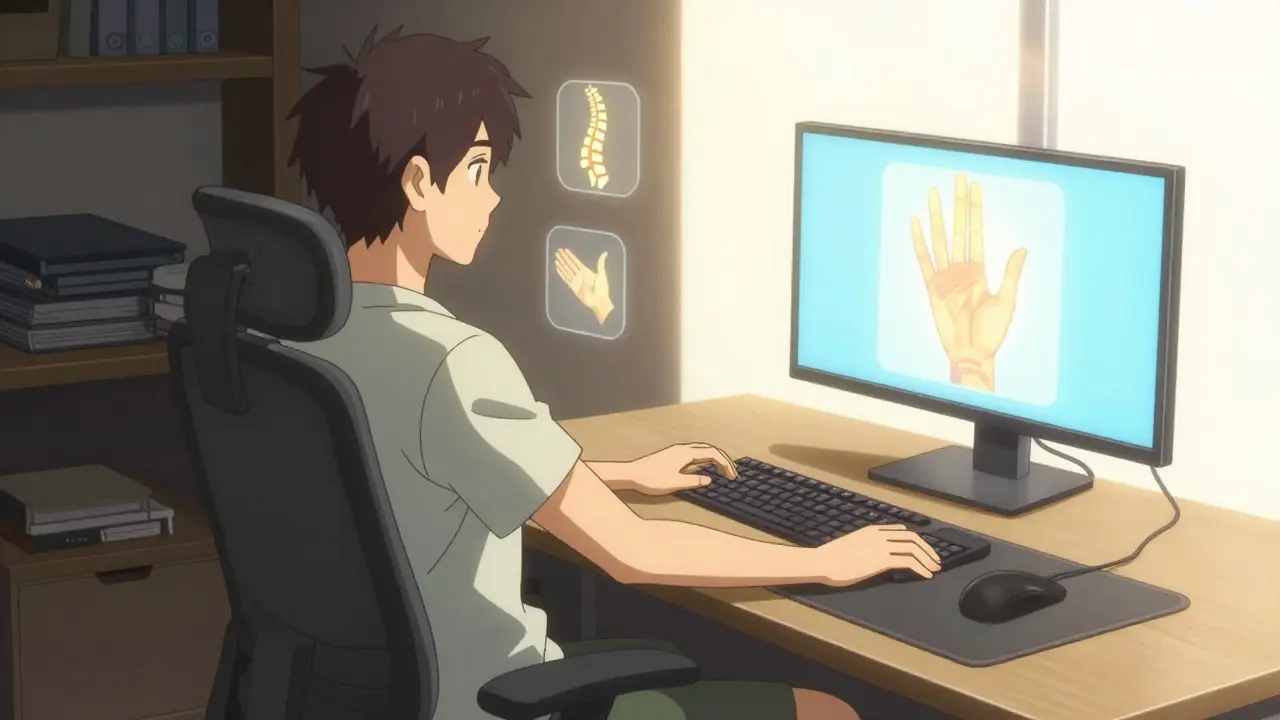 Persona con postura ergonómica perfecta, monitor a altura de ojos, teclado inclinado y ratón vertical, con símbolos de salud corporal.