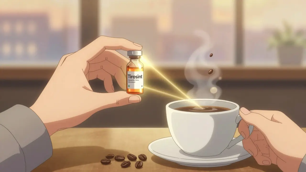 Persona tomando levotiroxina líquida junto a su café, sin necesidad de esperar, en un ambiente sereno y luminoso.