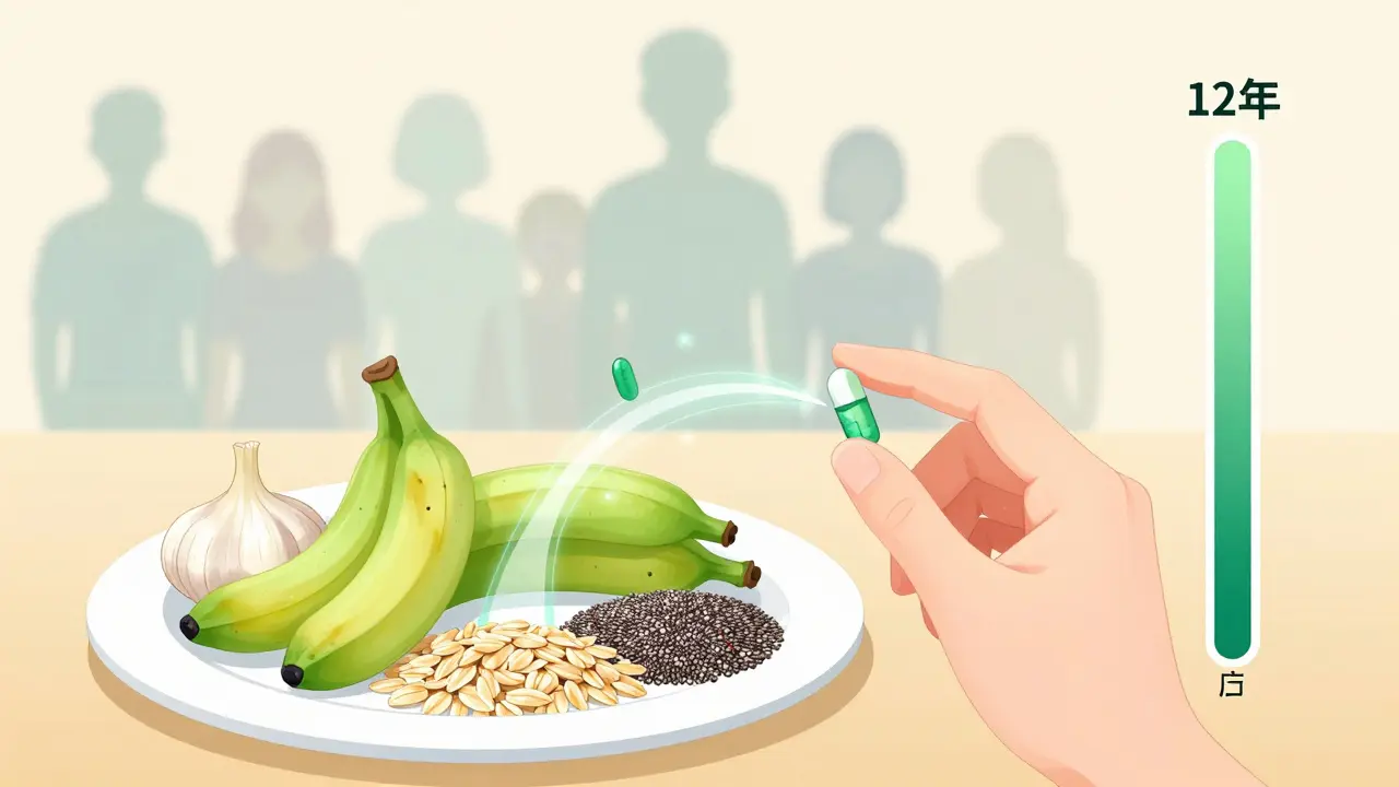 Persona tomando probióticos junto a alimentos prebióticos naturales, con hilos que restauran la barrera intestinal y reducen el perímetro abdominal.