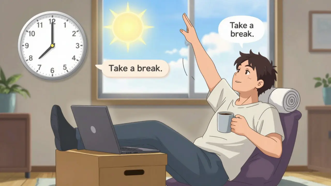 Persona trabajando desde casa con soluciones simples: toalla en la espalda, pies apoyados y estirando los brazos.