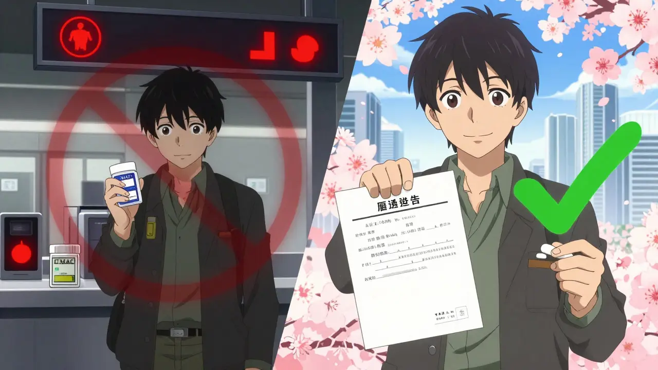 Viajero en control de seguridad japonés con medicamento prohibido a un lado y carta médica aprobada al otro.