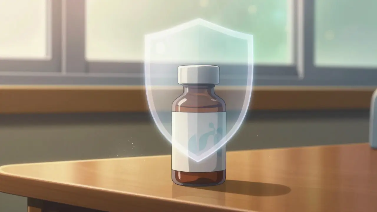 Botella de medicamentos protegida por un escudo translúcido de seguridad en ambiente cálido.