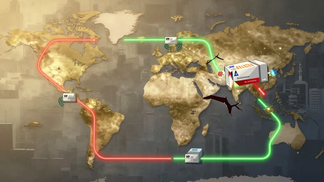 Cadena de suministro global de medicamentos genéricos con marcadores de seguridad visibles y un punto vulnerable sin serialización.