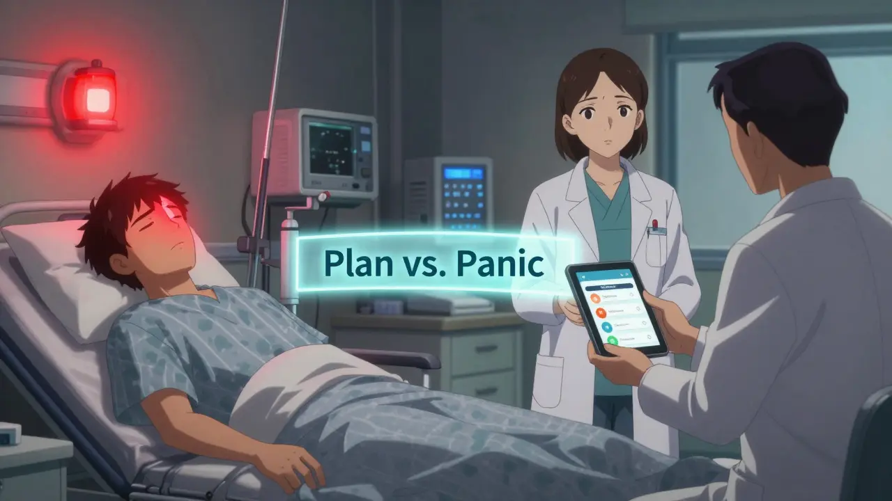 Escena dividida: paciente en emergencia vs. paciente seguro siguiendo un plan de transición.