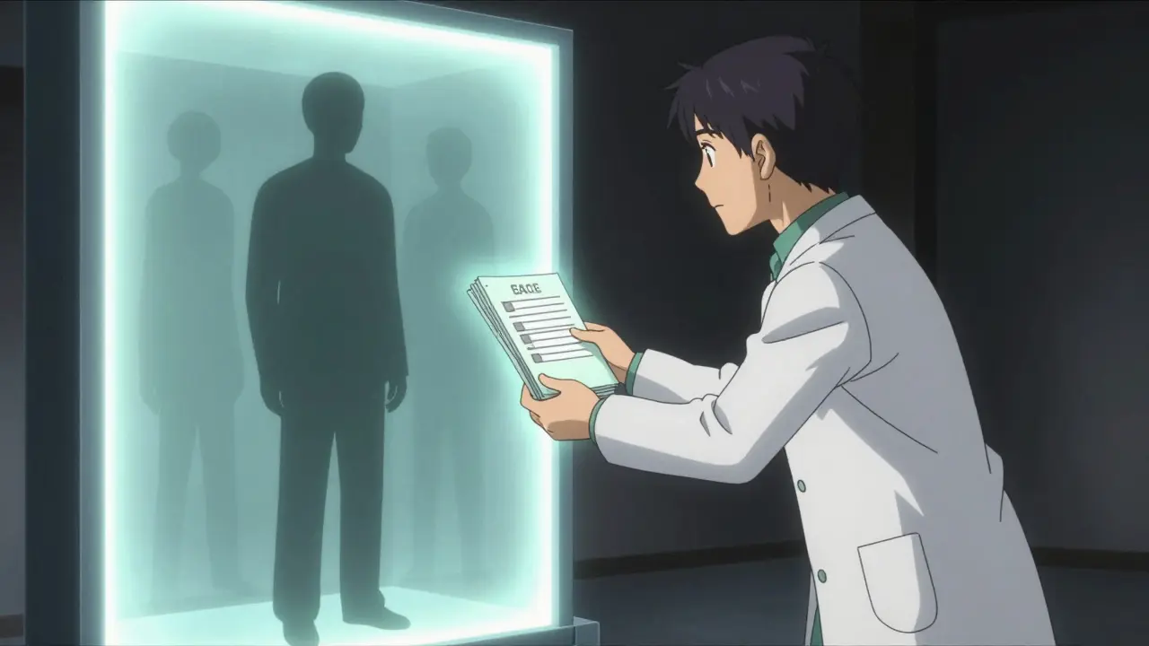 Farmacéutico protegiendo paciente con luz y registros simbólicos