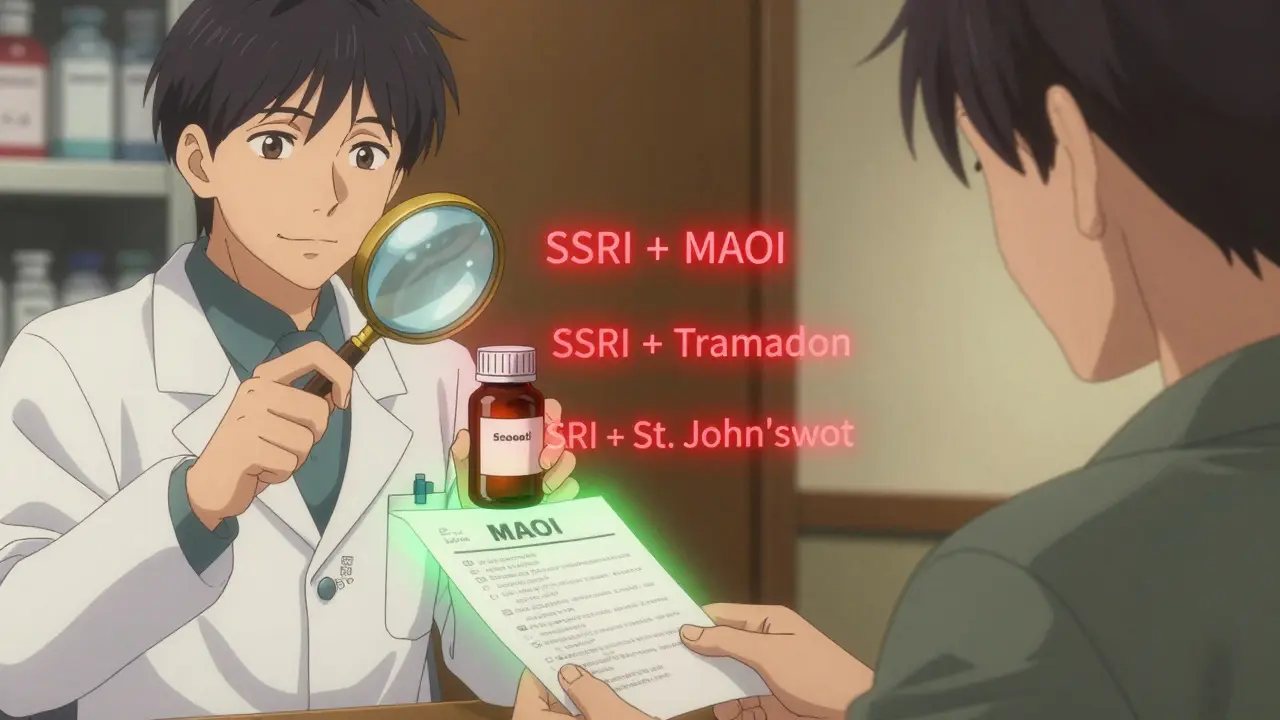 Farmacéutico revisa medicamentos con lupa, interacciones peligrosas en rojo y seguras en verde, paciente tranquilo.