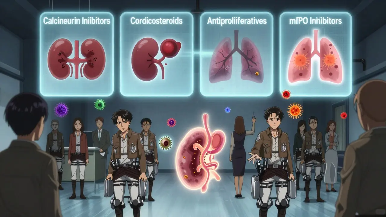 Gráfico médico muestra cuatro clases de inmunosupresores con símbolos de riesgo, mientras pacientes reaccionan ante amenazas de rechazo e infección.