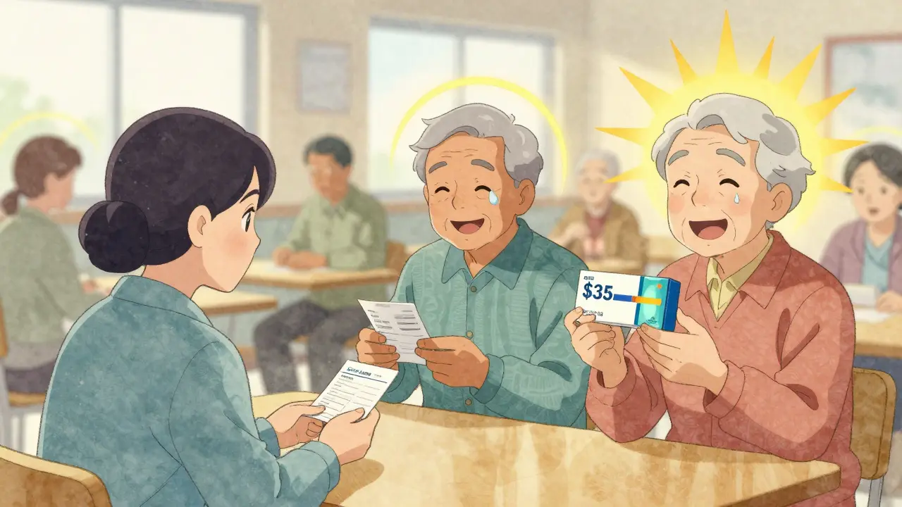 Grupo de adultos mayores recibiendo ayuda gratuita en un centro comunitario para elegir su plan de medicamentos.