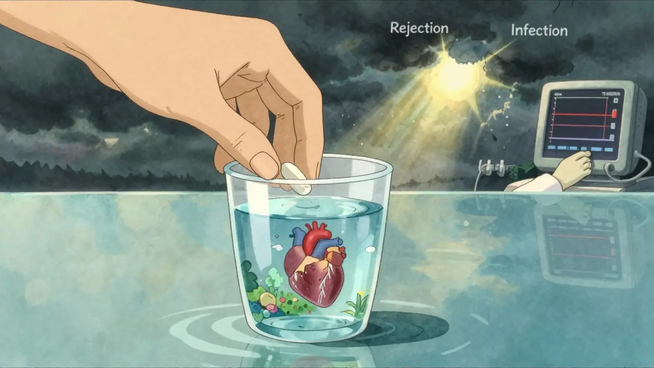 Mano coloca una pastilla en agua, reflejando un corazón sano en un jardín mientras tormentas de rechazo se disipan con la luz del sol.