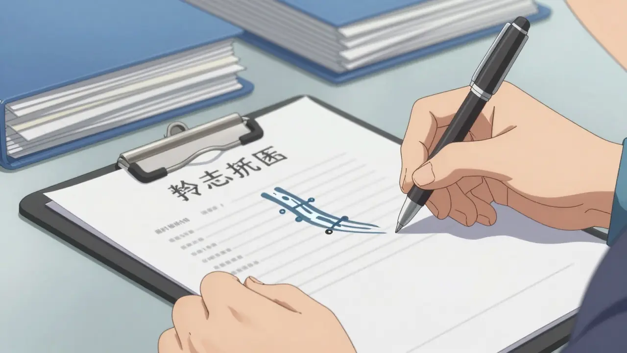 Manos organizando archivos médicos con símbolos de seguridad flotantes