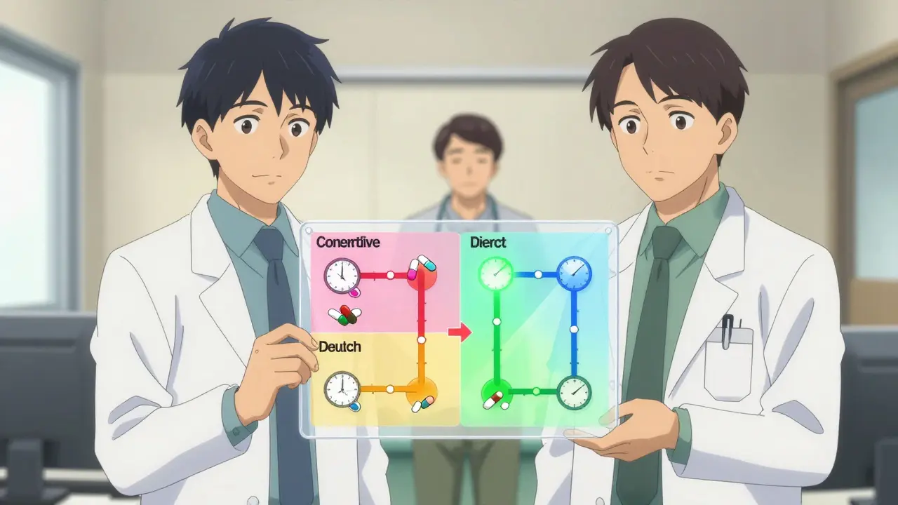 Médico y farmacéutico explican cuatro métodos de cambio de medicación con gráficos flotantes.