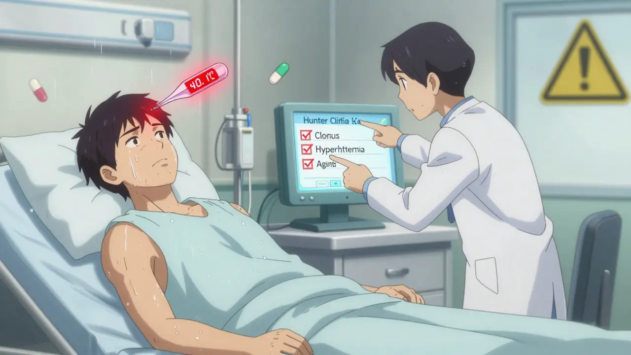 Paciente en sala de emergencias con rigidez muscular y fiebre alta, símbolos médicos flotantes y termómetro rojo.