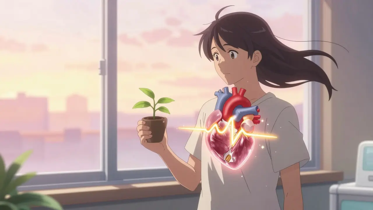 Paciente tras cirugía valvular, corazón reparado brillando suavemente mientras mira el amanecer.