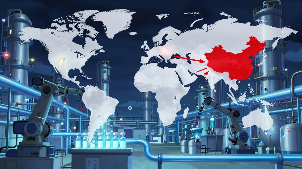 Planta química en China con tuberías brillantes que suministran ingredientes activos a todo el mundo.