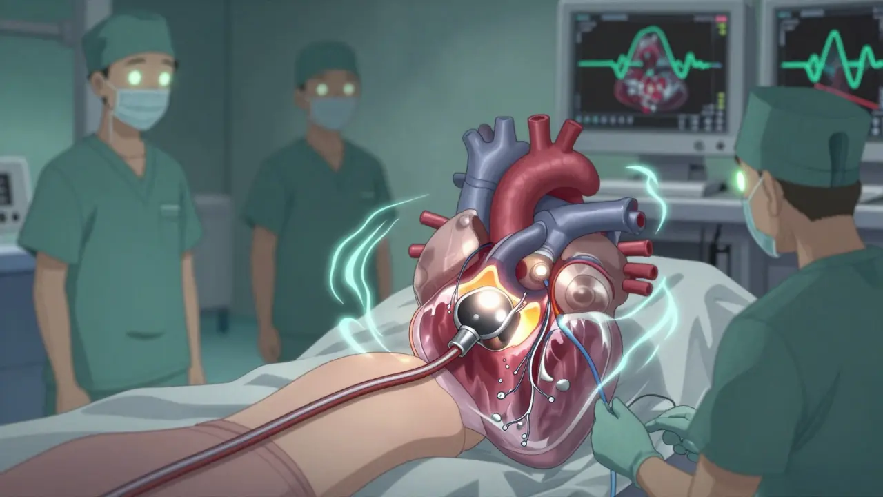 Procedimiento TAVR con catéter desplegando una válvula aórtica, equipo médico en entorno clínico.