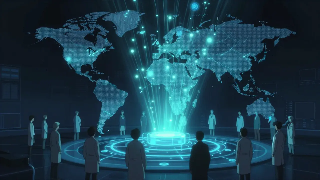 Red de alertas visuales conectando profesionales sanitarios con una base de datos central brillante.