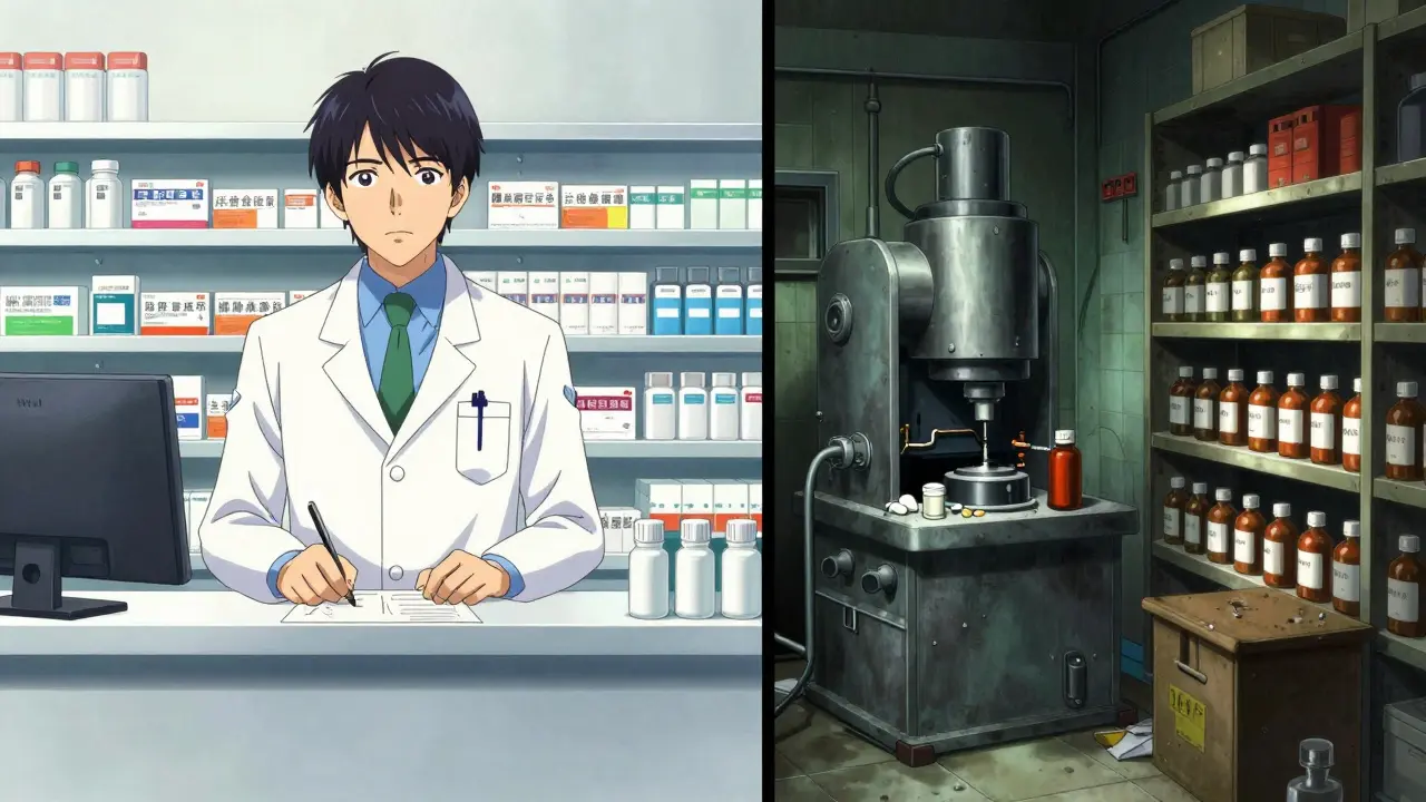 Comparación entre una farmacia legal y un laboratorio clandestino de medicinas falsas.