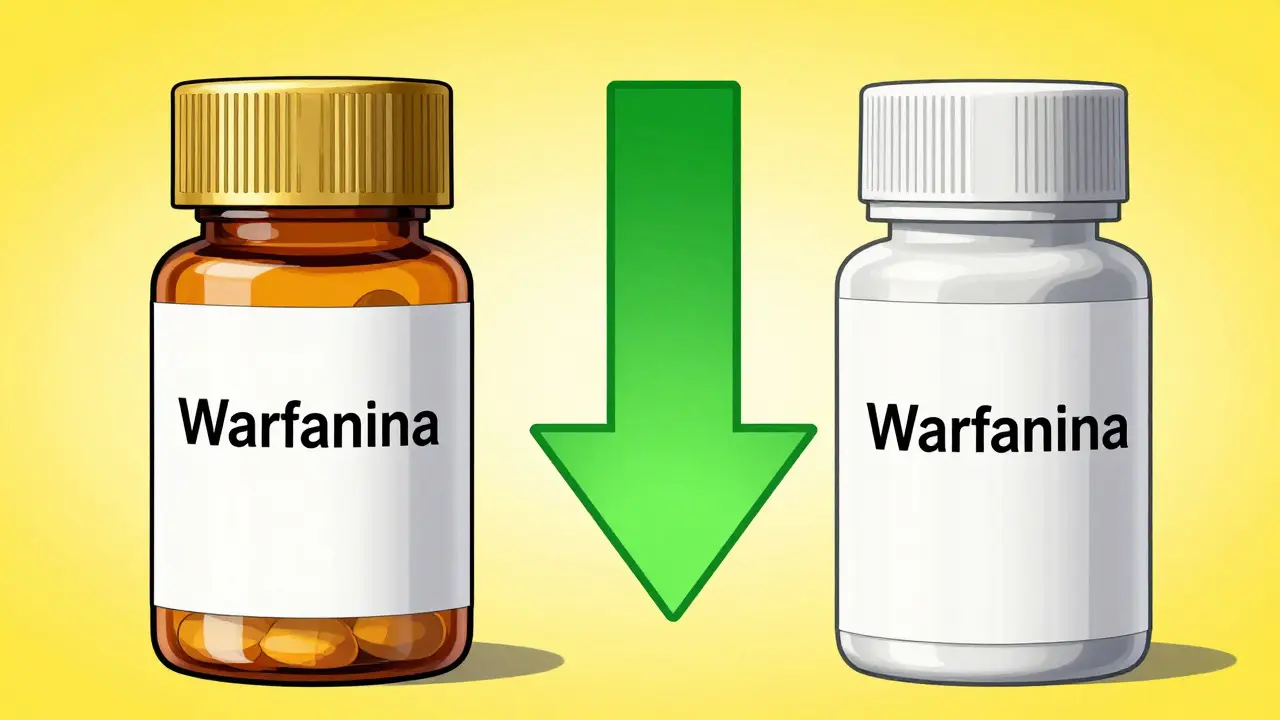 Comparativa visual entre el medicamento de marca y la warfarina genérica con flecha de ahorro.