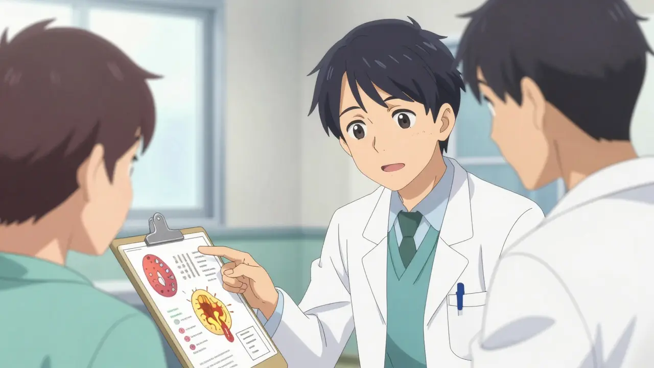 Consulta médica en estilo anime donde un doctor explica el tratamiento para la candidiasis.