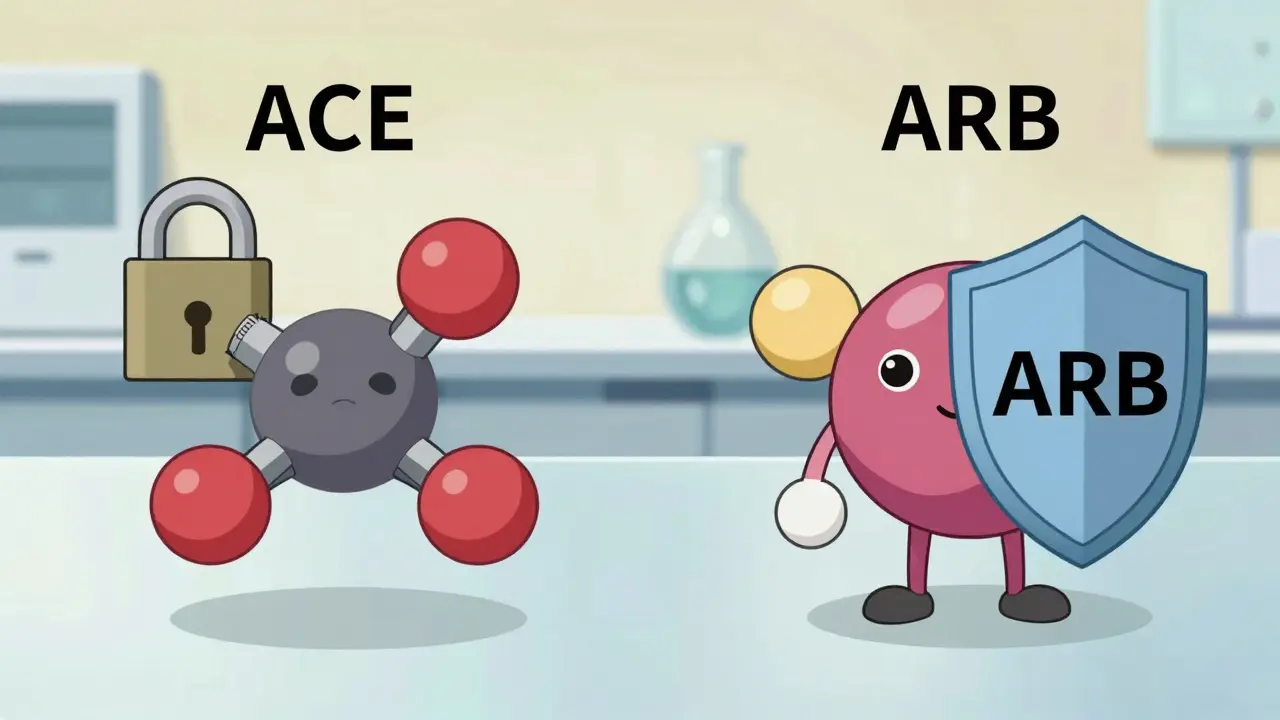 Diagrama estilo manga que muestra la diferencia entre inhibidores de la ECA y ARA II bloqueando receptores.