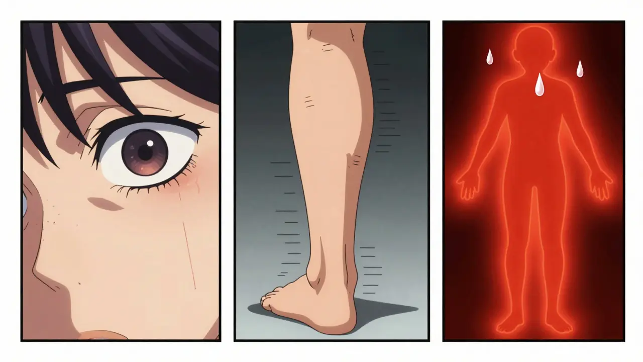 División de tres escenas mostrando agitación mental, espasmos musculares y fiebre alta.