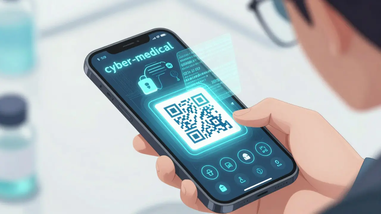 Escaneo digital de un medicamento con tecnología blockchain en estilo anime futurista.