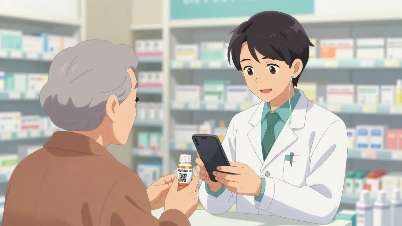 Farmacéutico ayudando a un paciente mayor a acceder a información médica vía QR.