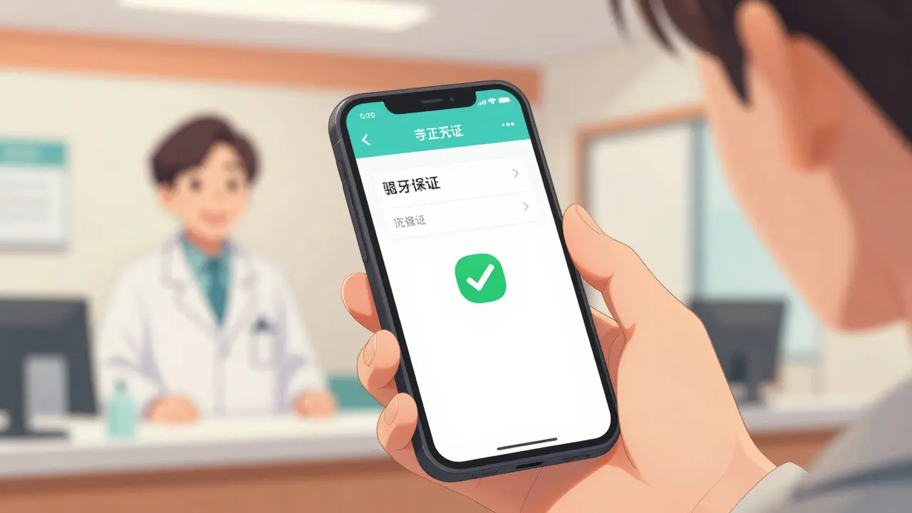 Mano sosteniendo un teléfono con una confirmación de compra segura de farmacia online.