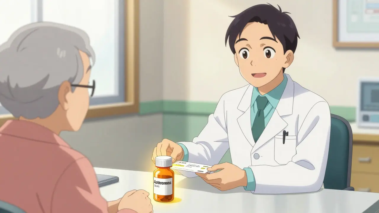 Médico entregando receta de azitromicina a un paciente mayor