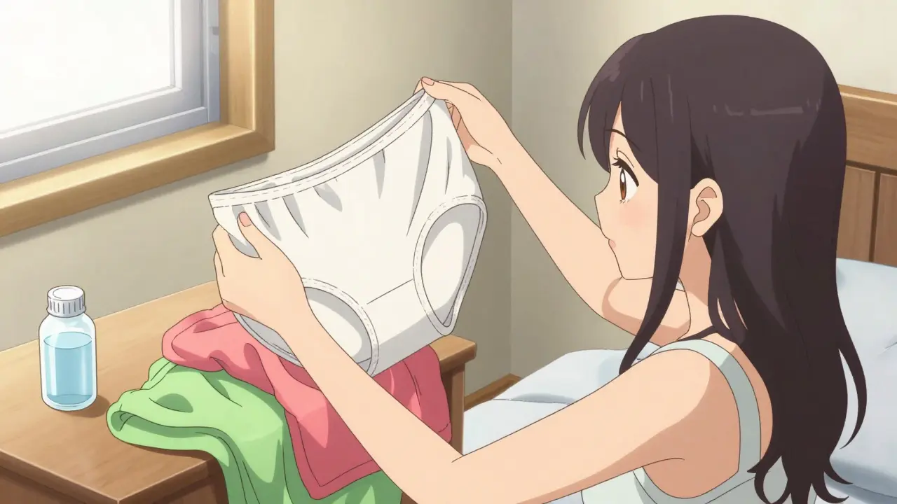 Mujer eligiendo ropa interior de algodón y probióticos en su habitación, estilo anime.