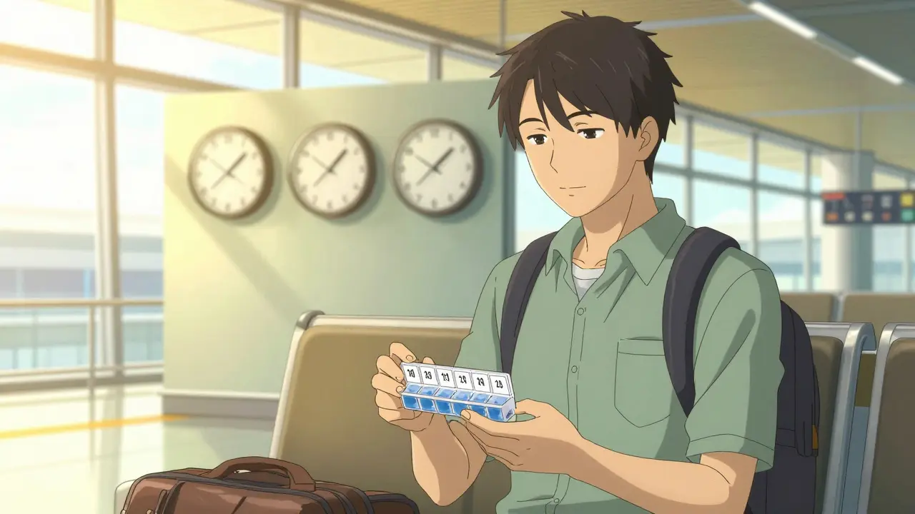 Organizador de pastillas con horarios absolutos para viajes