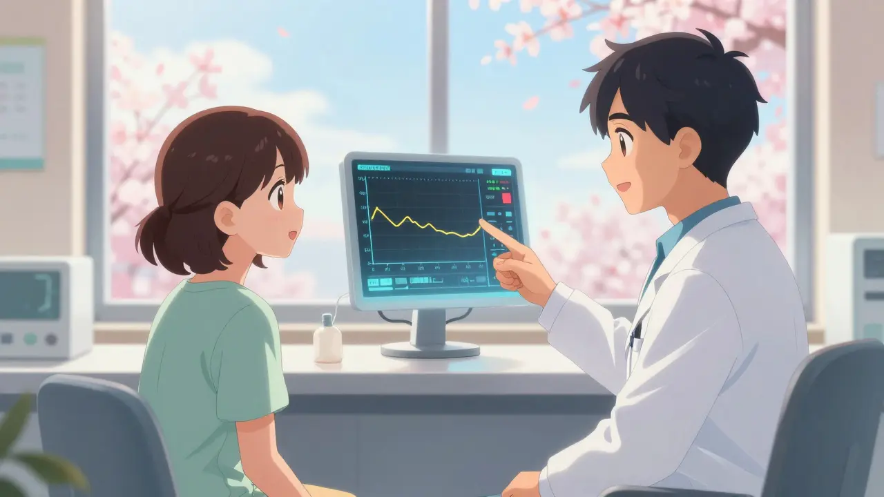 Paciente y médico en una clínica mirando una gráfica de salud estable en estilo anime.