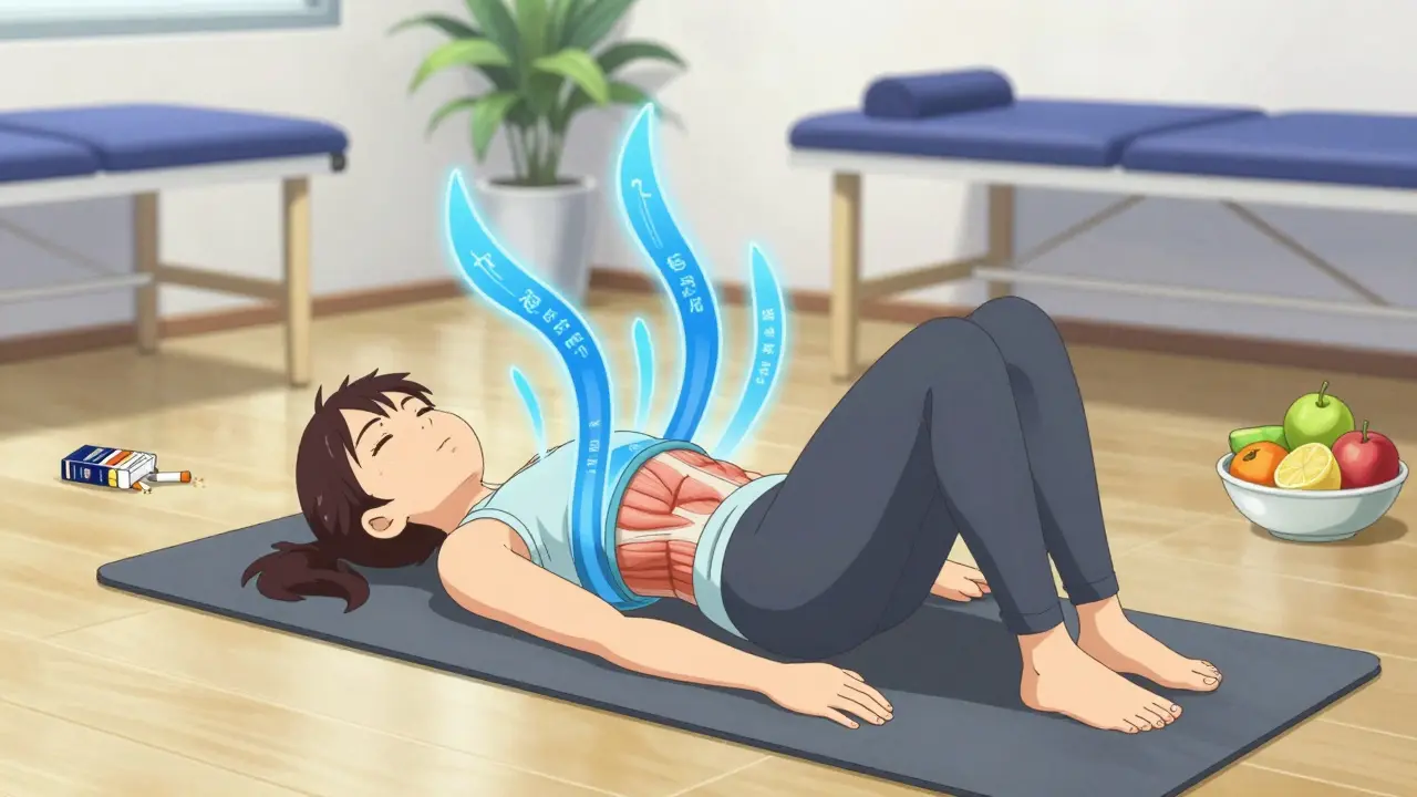 Persona en estilo anime realizando ejercicios de fortalecimiento del core en una clínica.