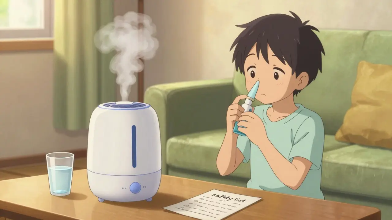 Persona usando un humidificador y spray salino en un ambiente tranquilo y seguro.