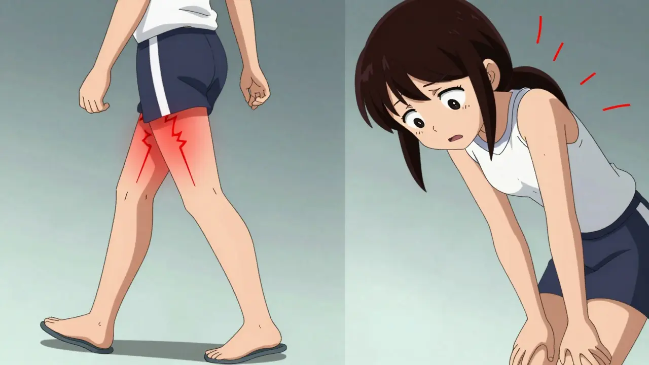 Personaje de anime sintiendo dolor al caminar y alivio al inclinarse hacia adelante.